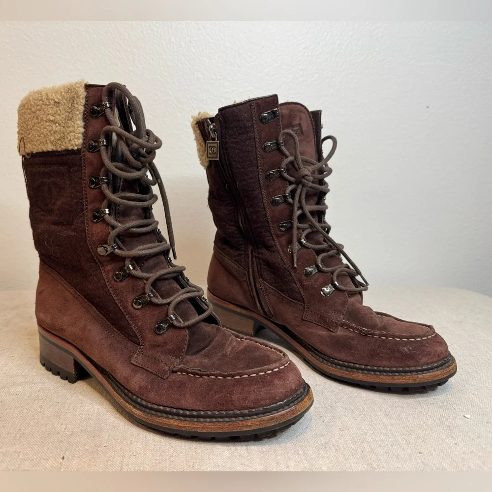 Chanel Winter Fleece and Suede Lace-up Boots - Picture 2 of 9